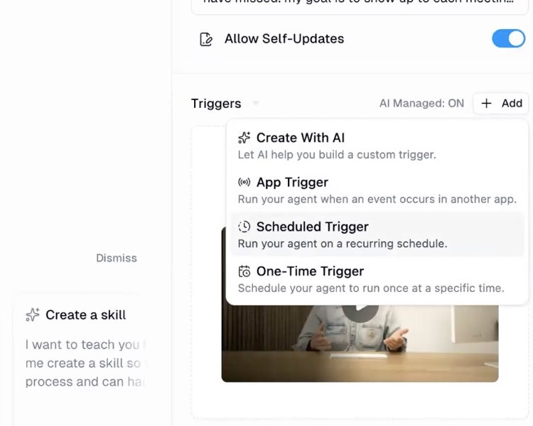Gumloop build sheet for a daily to-do AI agent: the trigger menu open beside the self-updates switch and the connectors panel