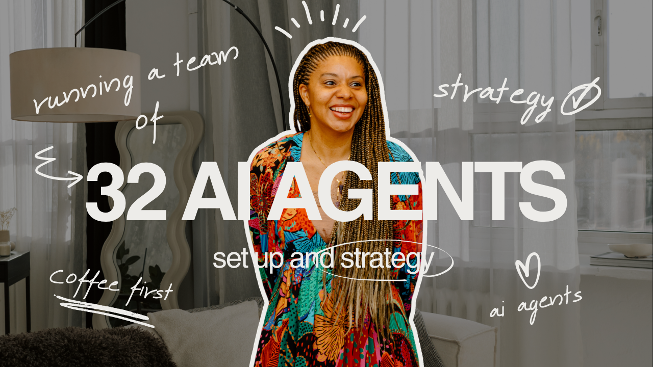 Jacqueline V. Twillie smiling, with handwritten words around her: running a team of 32 AI agents, set up and strategy.